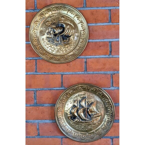 Set of 2 Vintage Brass 10" Wall Plates – Embossed Tall Ship Nautical Décor - Picture 1 of 6